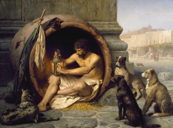 Diogenes of Sinope living in a barrel with an oil lamp