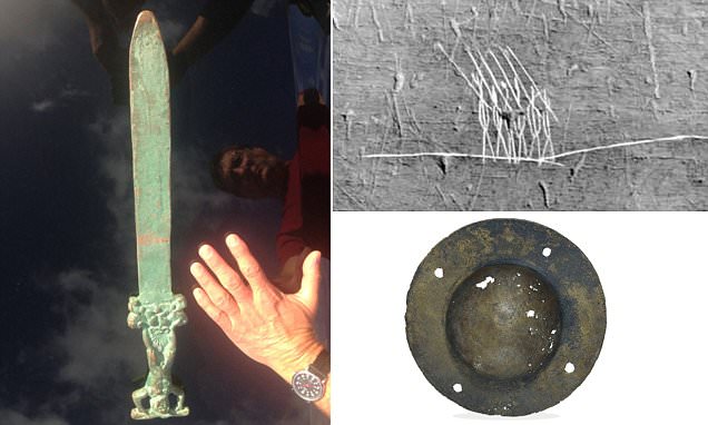 Roman Sword, part of Shield, and Native drawing of Roman Soldiers found on Oak Island off the coast of Nova Scotia, Canada